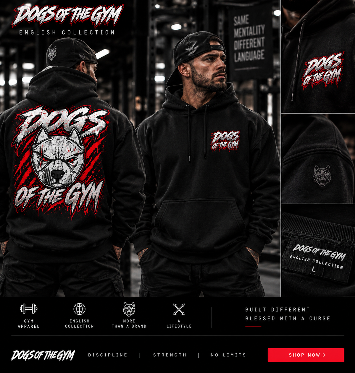 Male model wearing Dogs of the Gym black hoodie