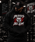 Male model wearing Perros Del Gym black hoodie