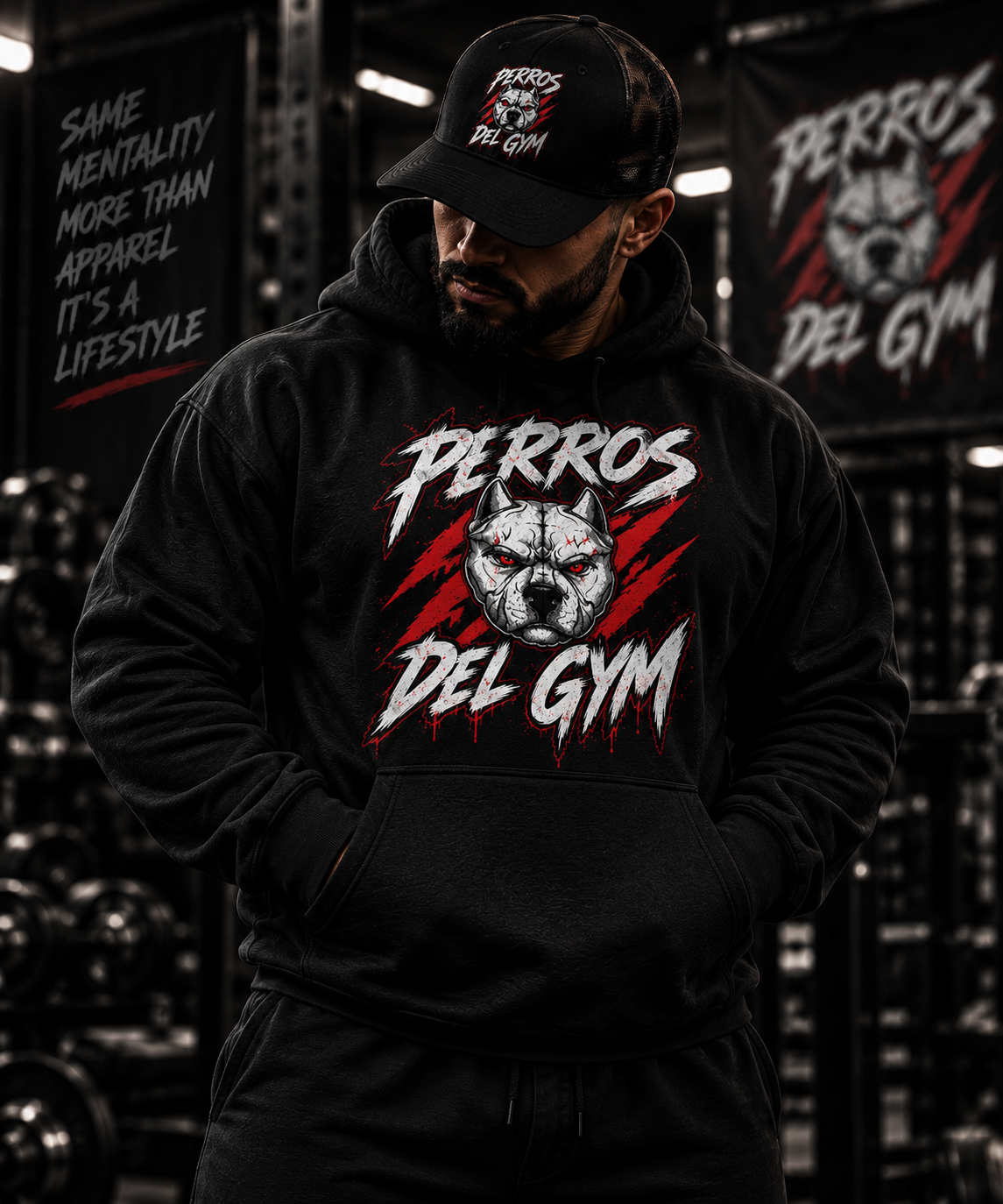 Male model wearing Perros Del Gym black hoodie