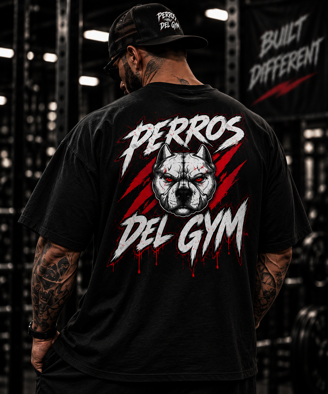 Male model wearing black Perros Del Gym oversized T-shirt with back logo