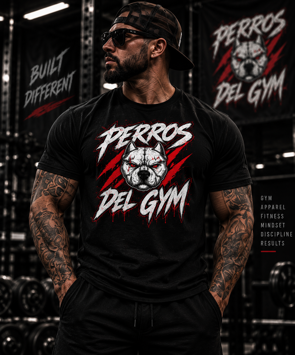 Male model wearing Perros Del Gym black T-shirt